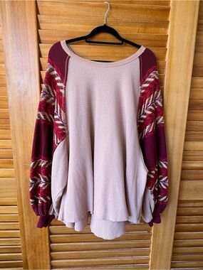We The Free Dusty Rose Boho Ribbed Knit Crewneck with balloon sleeves